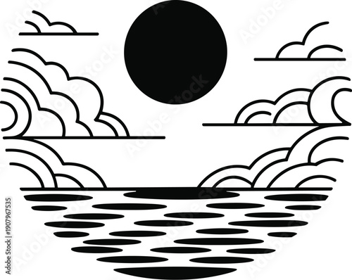 Minimalist black and white landscape with sun, clouds, and water reflections, circular vector illustration of symmetry and natural harmony