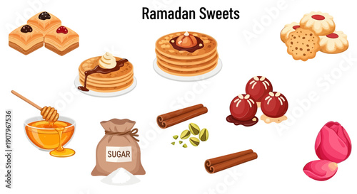Illustration of Ramadan sweets and ingredients Bakayef Qatayef Gulab Jamun Nastar Basbousa honey sugar cinnamon cardamom rose