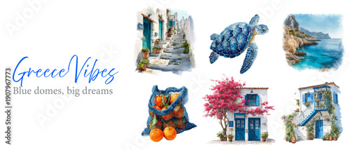 Greek island watercolor collection showcasing Santorini architecture, traditional white buildings, blue-domed churches, and stunning Mediterranean summer views ideal for travel brochures.