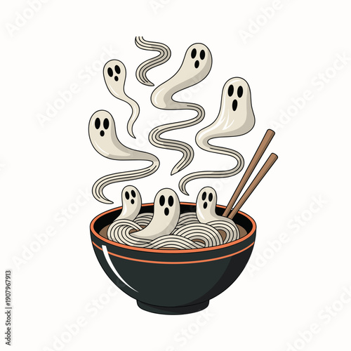 Vector illustration of ghostly ramen for Halloween season – Great for spooky dinner promotions or holiday advertising.