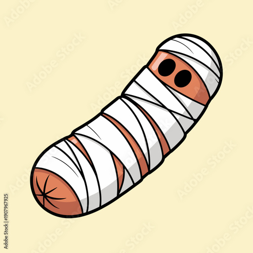 Playful mummy hot dog snack vector on cream background – Great for holiday recipes, marketing, or family events.