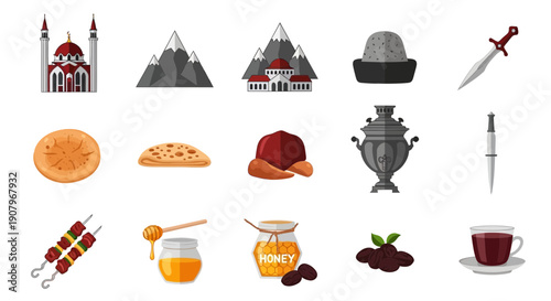 Rows of icons depicting cultural objects food and architecture