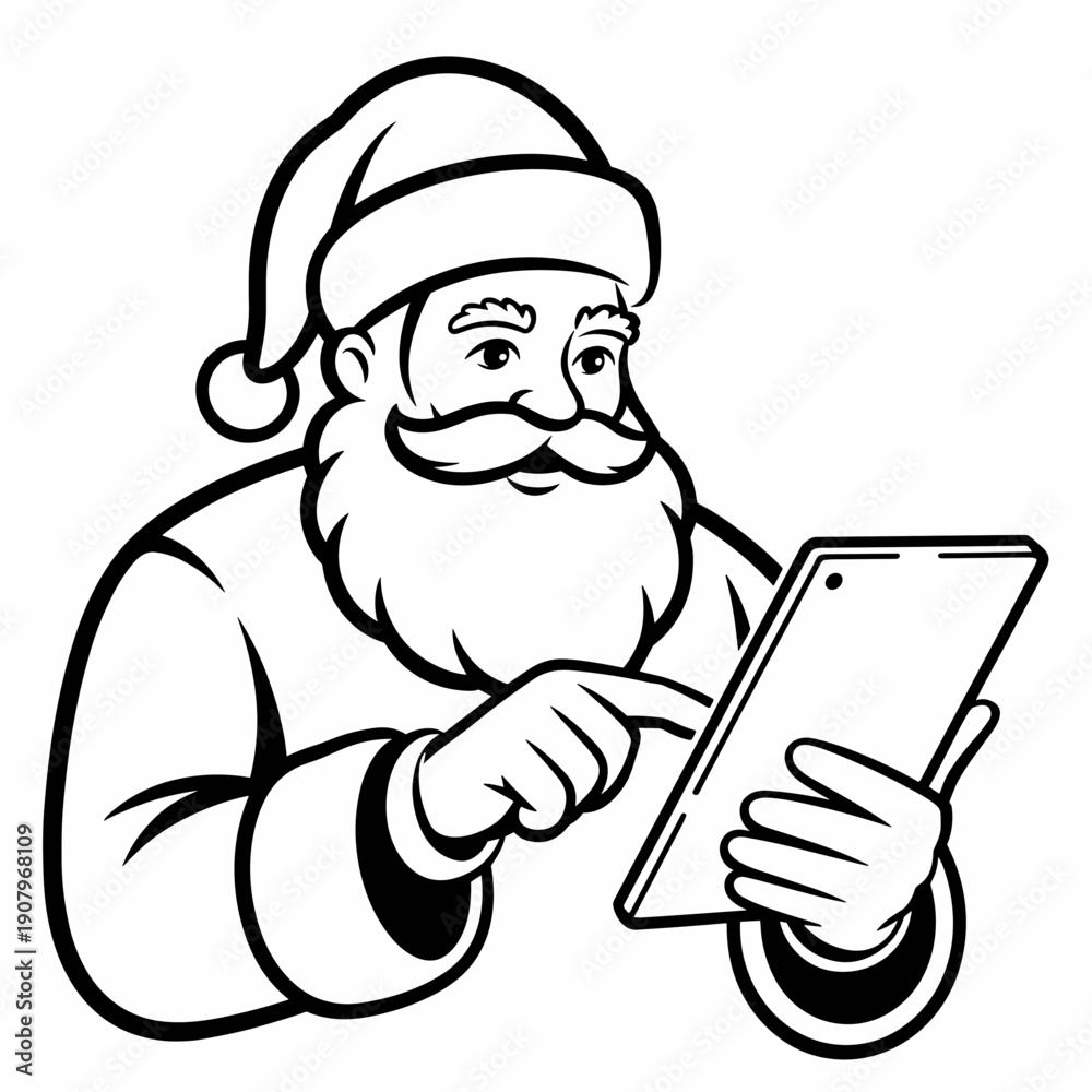 Obraz premium Monochrome Santa using sleek tablet vector illustration – Perfect for modern retail, digital services, or tech-savvy holiday promotions.