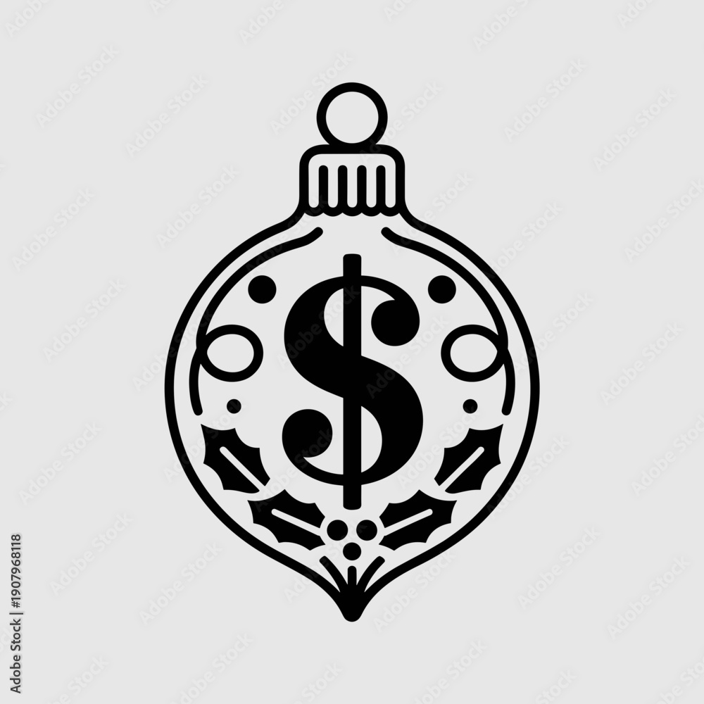 Obraz premium Festive ornament with dollar sign, monochrome vector design – Great for holiday savings, business success, or financial themed decorations.