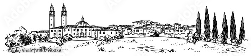 Tuscan countryside village line art illustration – hand drawn Italian hill town vector graphic
