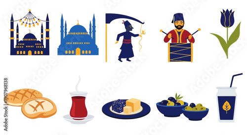 Ten illustrated icons related to Turkish culture and Ramadan arranged in two rows