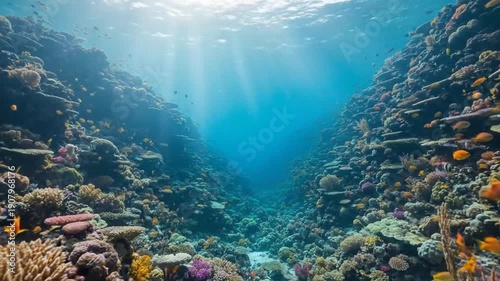 Colorful coral reef teeming with vibrant marine life illuminated by sunlight beneath the ocean surface