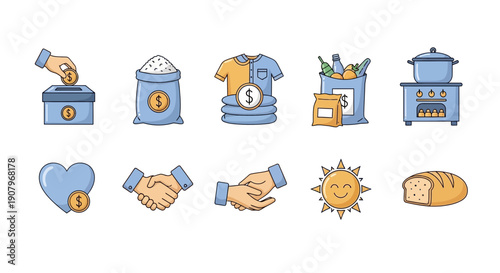 Ten lineart icons depicting charitable donations food clothing and kindness