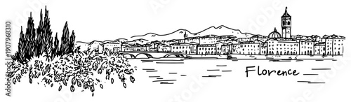 Florence skyline across arno river with bridges and historic towers hand drawn cityscape vector illustration