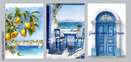 A collection of watercolor postcards depicting the Greek islands, showcasing the traditional architecture of Santorini, the cute streets and the Mediterranean Sea views, perfect for travel design.