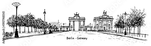 Berlin Brandenburg Gate Boulevard Urban Landmark Panorama – Black and White Vector Illustration