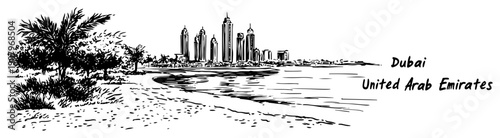 Dubai beach skyline line art illustration – hand drawn Gulf coast city vector graphic