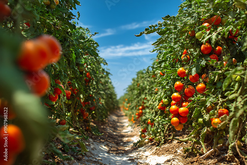 Ripe red tomatoes growing in agriculture field