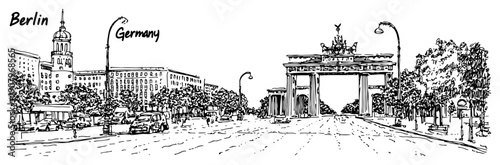 Berlin Brandenburg Gate boulevard line art illustration – hand drawn German landmark vector graphic