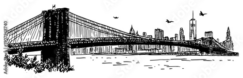 Brooklyn Bridge with Manhattan Skyline New York City Panorama – Black and White Vector Illustration