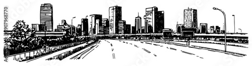 Urban freeway to city skyline line art illustration – hand drawn modern metropolis vector graphic