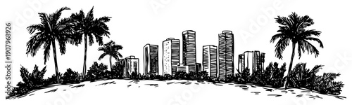 Palm trees with modern skyline line art illustration – hand drawn tropical city vector graphic