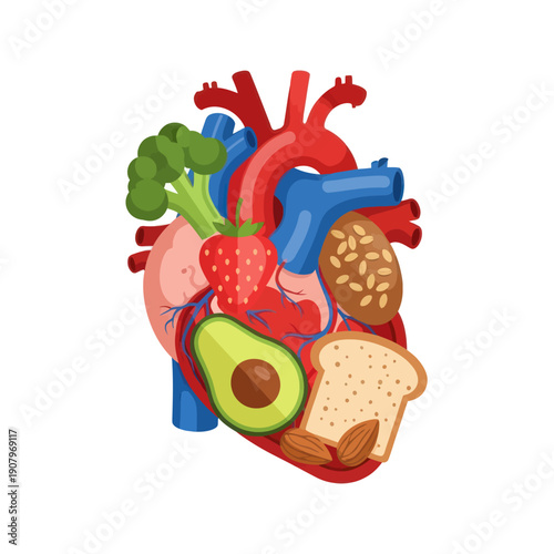 Human Heart with Healthy Food Elements.