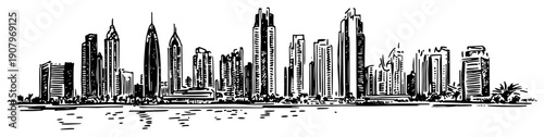Modern coastal skyline panorama line art illustration – hand drawn gulf city vector graphic