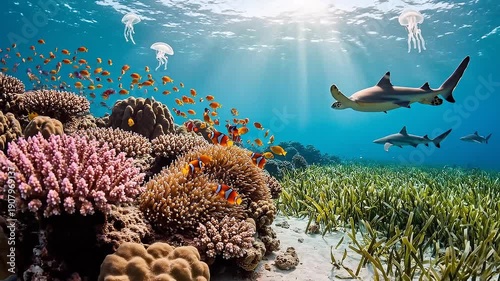 Underwater Reef Ecosystem with Diverse Marine Life including Fish and Sharks