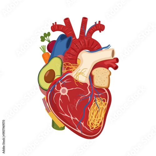 Human Heart Anatomy with Healthy Foods.