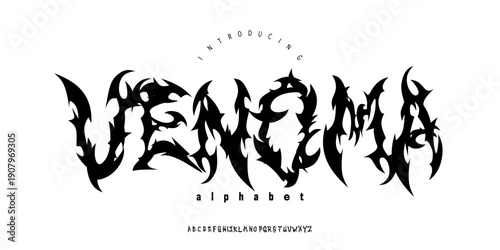 Venoma Font is An aggressive flame display font with sharp burning shapes, metal underground band designed for metal logos, streetwear, posters, and bold branding.