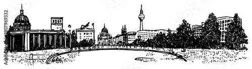Berlin Cityscape with Brandenburg Gate Cathedral and TV Tower Panorama – Black and White Vector Illustration