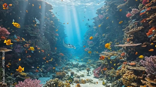 Vibrant underwater coral reef ecosystem teeming with colorful fish and marine life