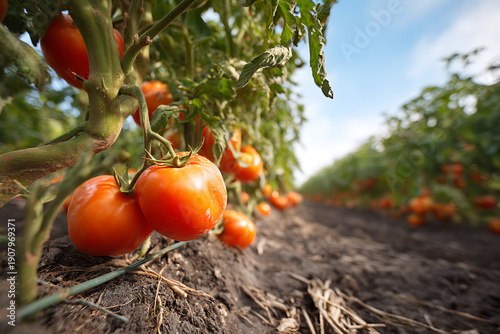 Ripening red tomatoes growing in a large field