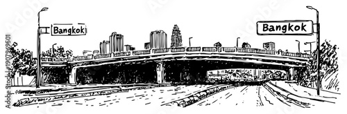 Elevated highway to Bangkok skyline line art illustration – hand drawn Thai city vector graphic