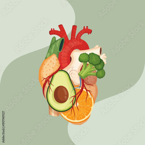 Anatomical Heart with Fresh Fruits and Vegetables.