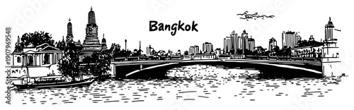Bangkok riverfront skyline with bridge line art illustration – hand drawn Thai city vector graphic