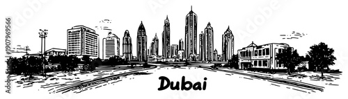 Dubai skyline with modern skyscrapers and wide boulevard black and white hand drawn cityscape vector illustration