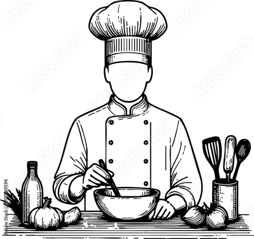 Professional chef preparing a meal vector illustration. Chef in uniform mixing salad black and white graphic. Gastronomy concept illustration with chef using utensils