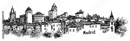 Madrid Historic and Modern Skyline Cityscape Panorama – Black and White Vector Illustration