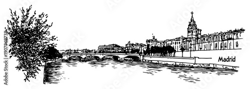 Madrid Royal Palace riverfront skyline line art illustration – hand drawn Spanish city vector graphic