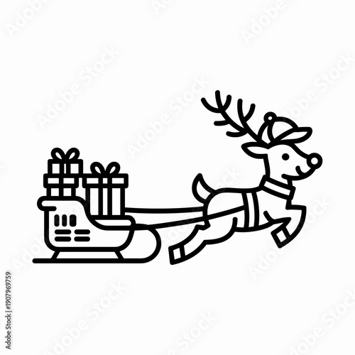 Reindeer pulling sleigh with delivery packages vector black and white – Perfect for e-commerce logistics, holiday shipping promotions, or delivery service branding.