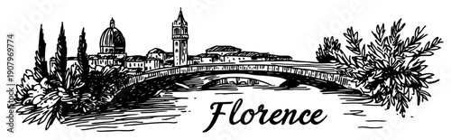 Florence skyline with cypress bridge line art illustration – hand drawn Tuscan city emblem vector graphic
