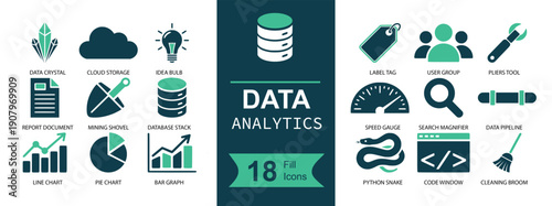 Data analytics icon set. Containing database, dashboard, chart, statistics, pie graph, growth, search, cloud, code, tag, users, speed, reports and more. Solid fill vector icons collection