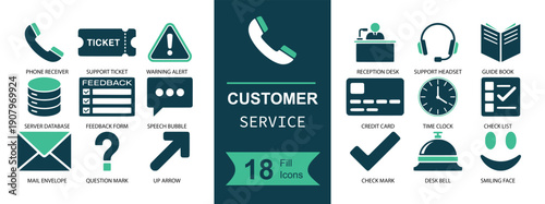 Customer service icon set. Containing support, call center, hotline, helpdesk, ticket, chat, email, FAQ, agent, headset, complaint, feedback and more. Solid fill vector icons collection
