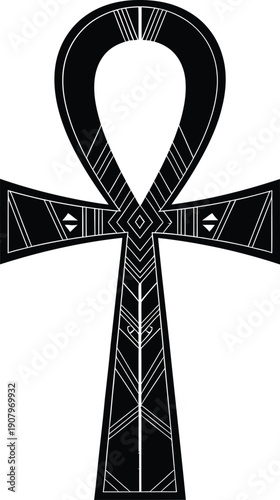 Egyptian Ankh Symbol with Geometric Patterns on White Background