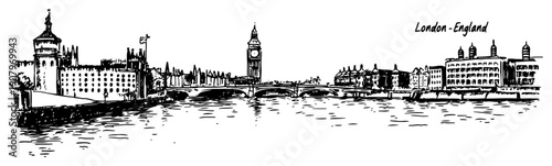 London Thames Panorama with Big Ben and Historic Riverside Skyline – Black and White Vector Illustration