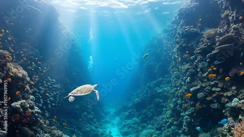 Underwater Coral Reef Scene with Sunlight Penetrating Through Vibrant Marine Life
