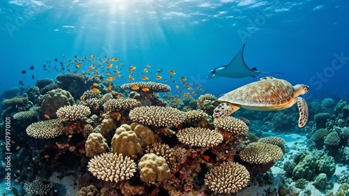 Vibrant Underwater Scene Showcasing Coral Reefs and Marine Diversity with Diverse Fish and Sea Turtles
