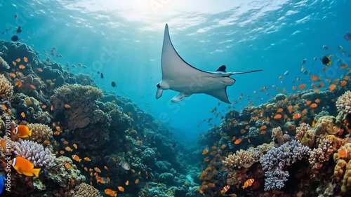 Vibrant underwater coral reef ecosystem teeming with diverse marine life including manta rays and colorful fish