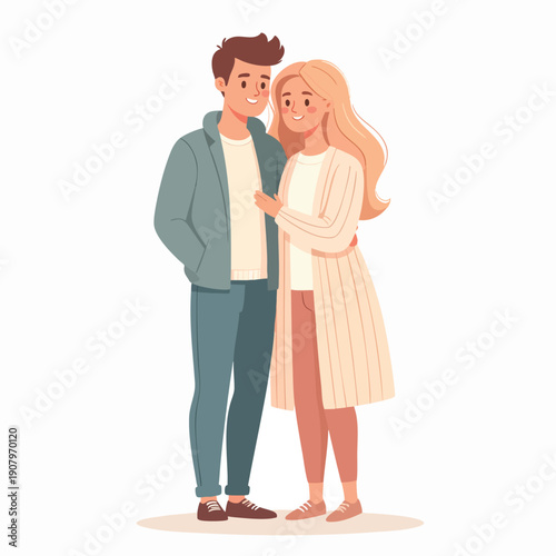 Young couple embracing tenderly, standing together, illustration, intimate moment, affectionate
