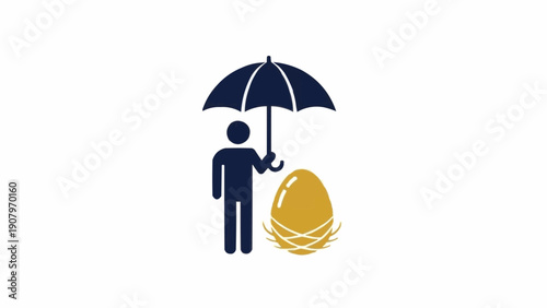 Man holding umbrella protecting golden egg.