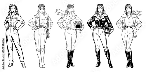 Retro female aviator line art set – hand drawn pin up pilot vector illustration