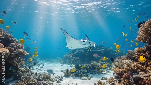 Vibrant Underwater Reef Scene with Diverse Fish and Marine Life in Bright Crystal Blue Ocean