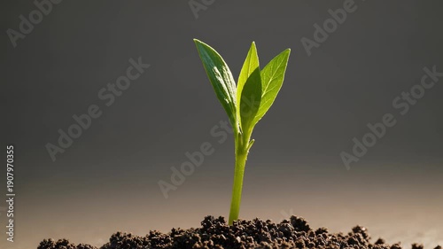 Fresh green sprout emerging from dark soil on neutral background  